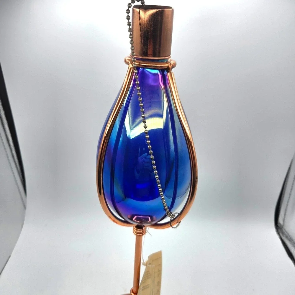 Hand Blown Blue Irridized Glass Oil Lamp on 18